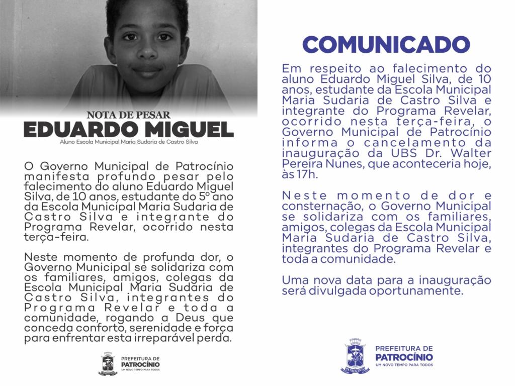 Prefeitura de Patrocínio divulga nota de pesar pela morte de criança e...