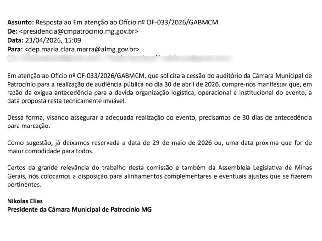 Imagem 1 do post Audiência pública da ALMG solicitada pela deputada Maria Clara Marra para 30/04 é suspensa